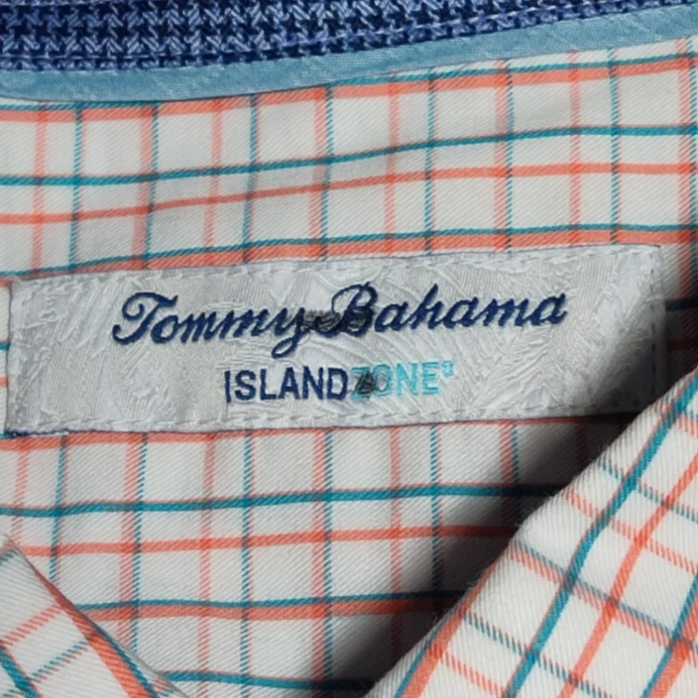 TOMMY BAHAMA ISLAND ZONE Men XL Teal‎ Orange Windowpane Pima Cotton Shirt EUC